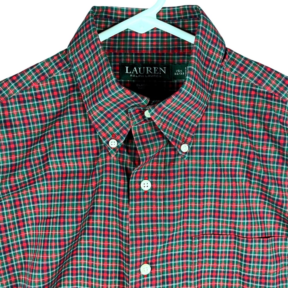 Ralph Lauren Button Down Shirt Mens 15.5 32/33 Red Green Plaid Non-Iron